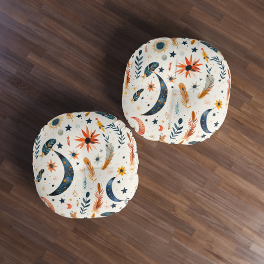 Bohemian Celestial Tufted Floor Pillow | Round Astrology Cushion & Cozy Home Decor